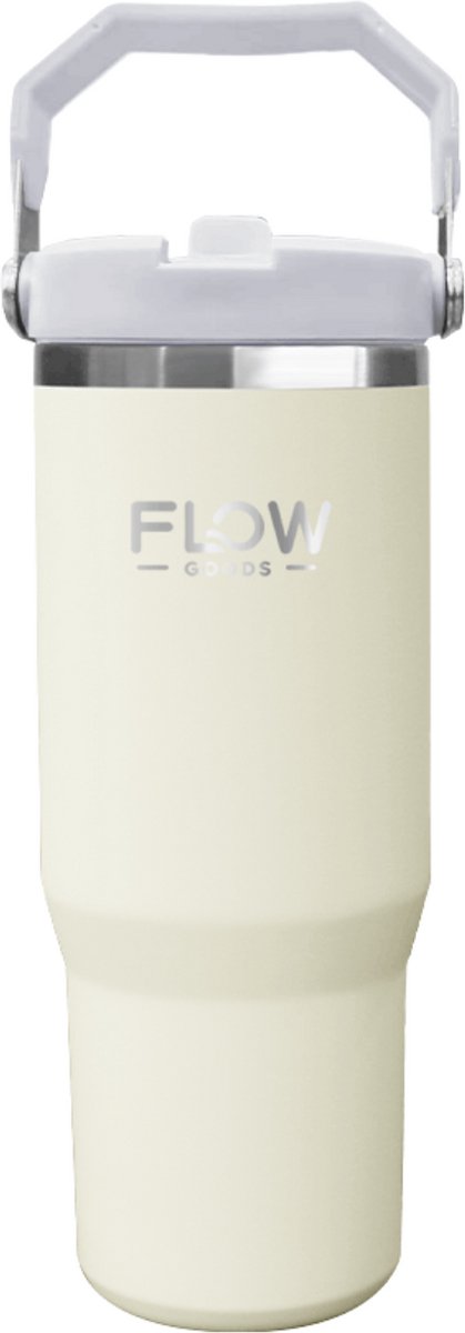 Flow Goods Flip Straw LightFlow Tumbler – Crème – Thermosbeker met Hendel – 100% Lekvrij - Drinkfles met Rietje – 0.89 Liter – Thermosbeker – Travel Mug