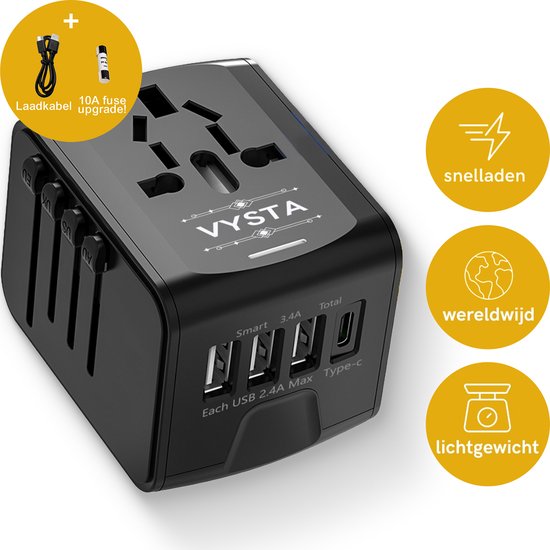Zwarte Vysta wereldstekker met 4 USB-poorten, oplaadkabel en 10A zekering. Snel laden, wereldwijd, lichtgewicht.