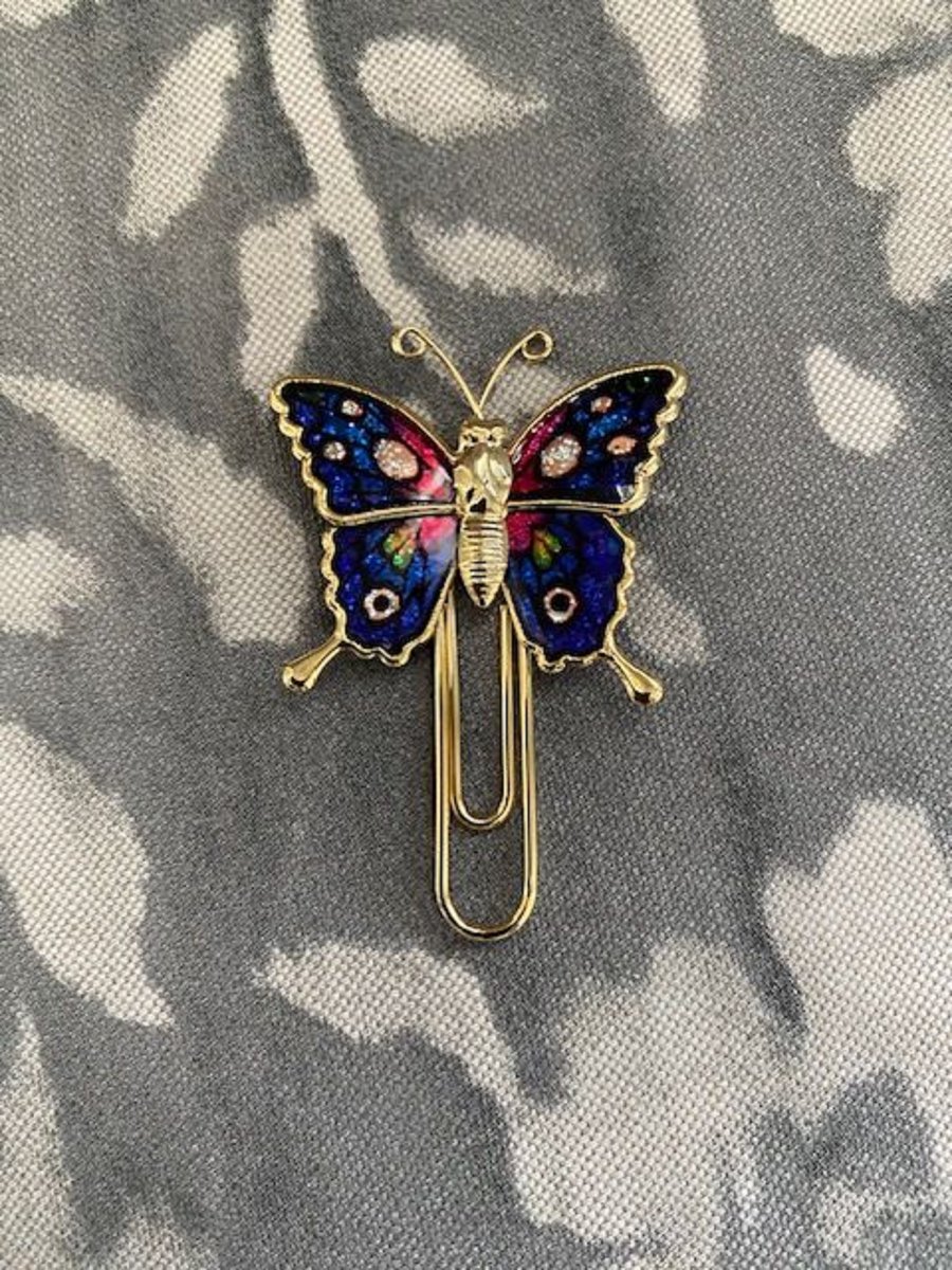 Verzamel vinted vlinder grote paperclip - boekenlegger - kleur goud met blauw - schitterend - uniek exemplaar - butterfly