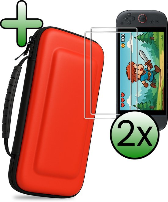 Een rode Nintendo Switch case, twee screenprotectors en een Nintendo Switch met een spel.