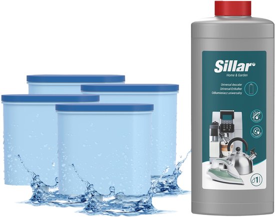 Vier lichtblauwe waterfilters met blauw deksel, spattend in water, naast een fles Silllar universele ontkalker.