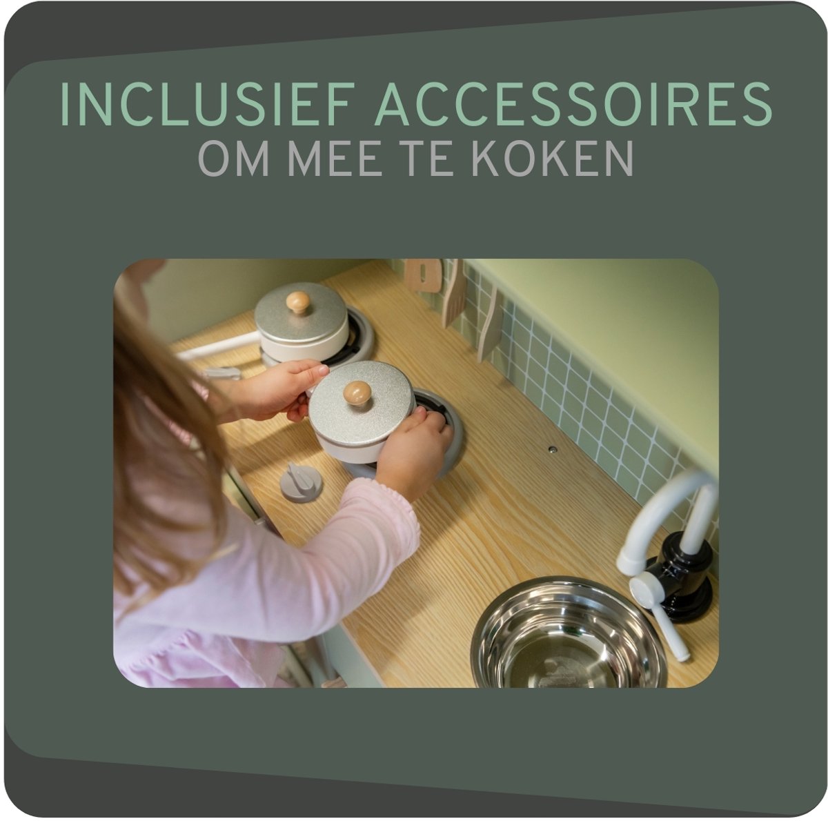 Bandits & Angels Houten Kinderkeuken XL Modern Groen vanaf 3 jaar - Aanrechthoogte 52 cm - Incl. 5 accessoires - Voor Meisjes - Kinder Keukentje - Speelgoed Keuken - Groene Speelkeuken — afbeelding 3