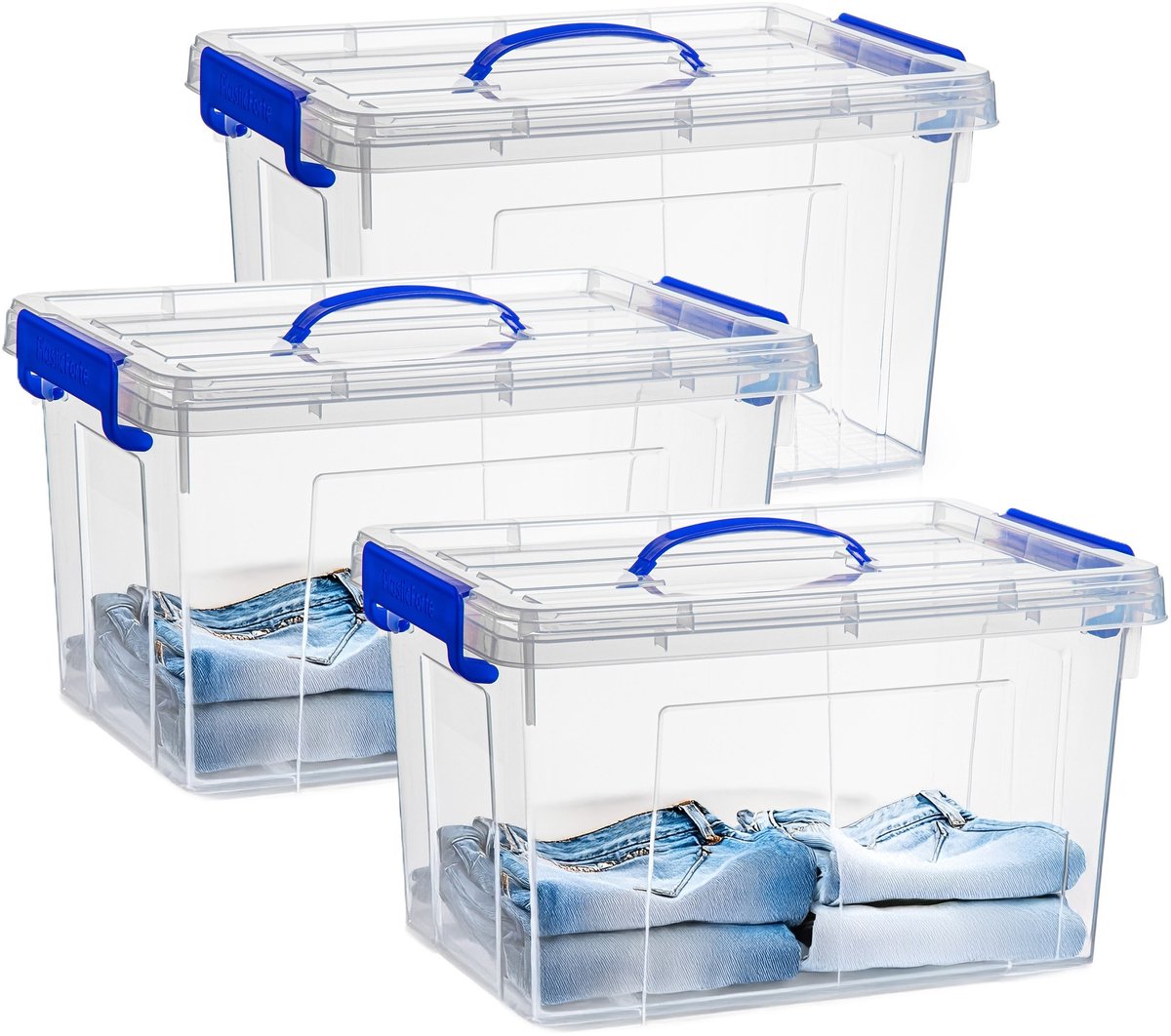 PLASTICFORTE Opslagbox - 3x - met deksel - transparant blauw - 18.5 liter - 42 x 30 x 24 cm - kunststof - opbergdoos - opbergen
