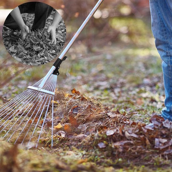 Telescopische tuinhark, 19-52 cm, verstelbare harkop, 82-160 cm, telescoopsteel, bladbezem met 15 tanden, bladhark met steel voor het reinigen van planten, gazon en erf — afbeelding 2