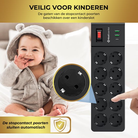 Zwarte stekkerdoos met 10 stopcontacten en 3 USB-poorten, naast een baby met een grijze hoodie. Vergroting toont kinderslot.