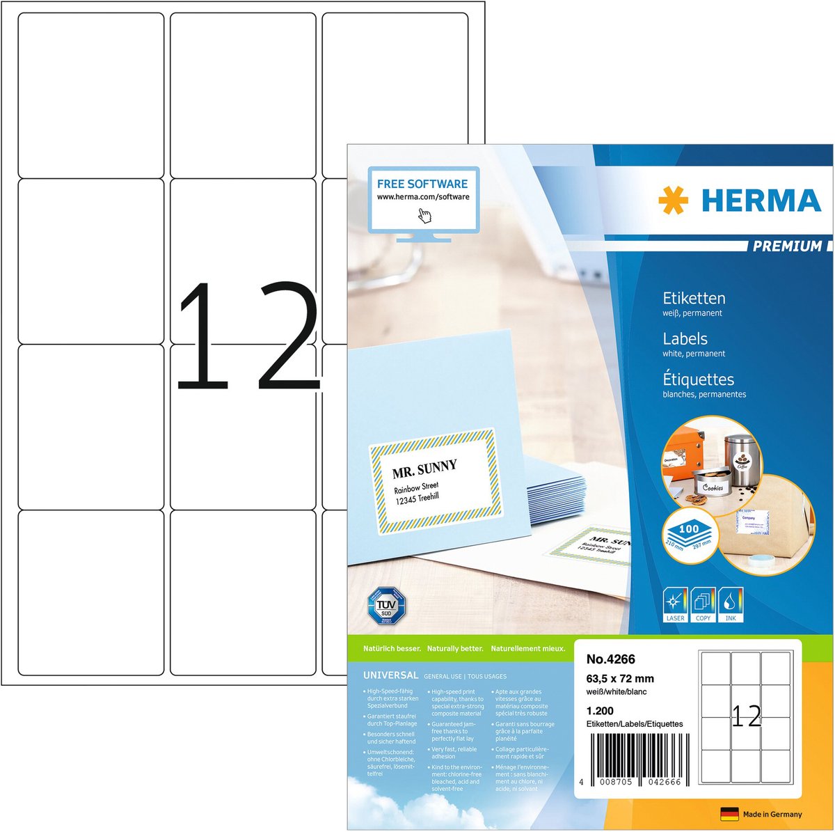 HERMA Adress-etiketten wit 63.5x72 Premium A4 1200 st.