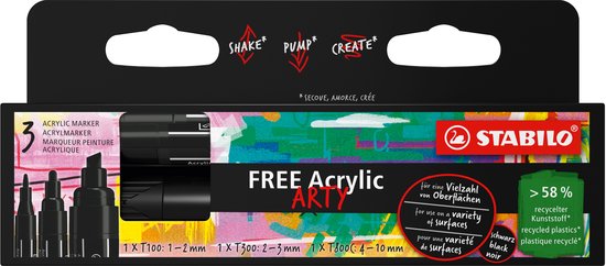 Foto: Stabilo free acryl marker mixed tip set zwart 3 verschillende tip sizes
