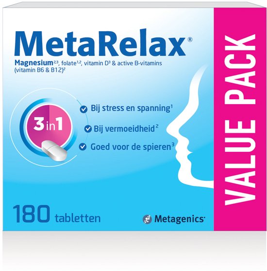 MetaRelax Magnesium Tabletten - Bij stress & spanning, vermoeidheid, goed voor de spieren - Hoogwaardig magnesiumcomplex met magnesiumglycerofosfaat, B-vitamines en vitamine D - Hou het hoofd koel, schiet niet in een kramp - 180 tabletten