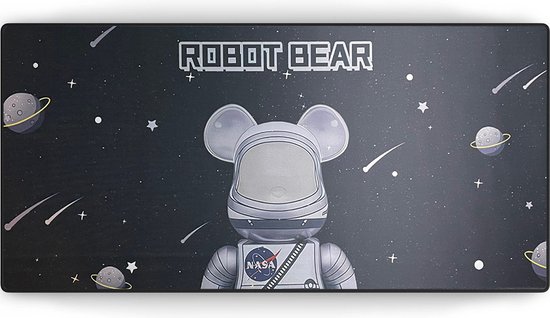 Tapis de souris noir avec imprimé spatial : ours robot avec logo NASA en combinaison d'astronaute, planètes et étoiles filantes. Texte "ROBOT BEAR".