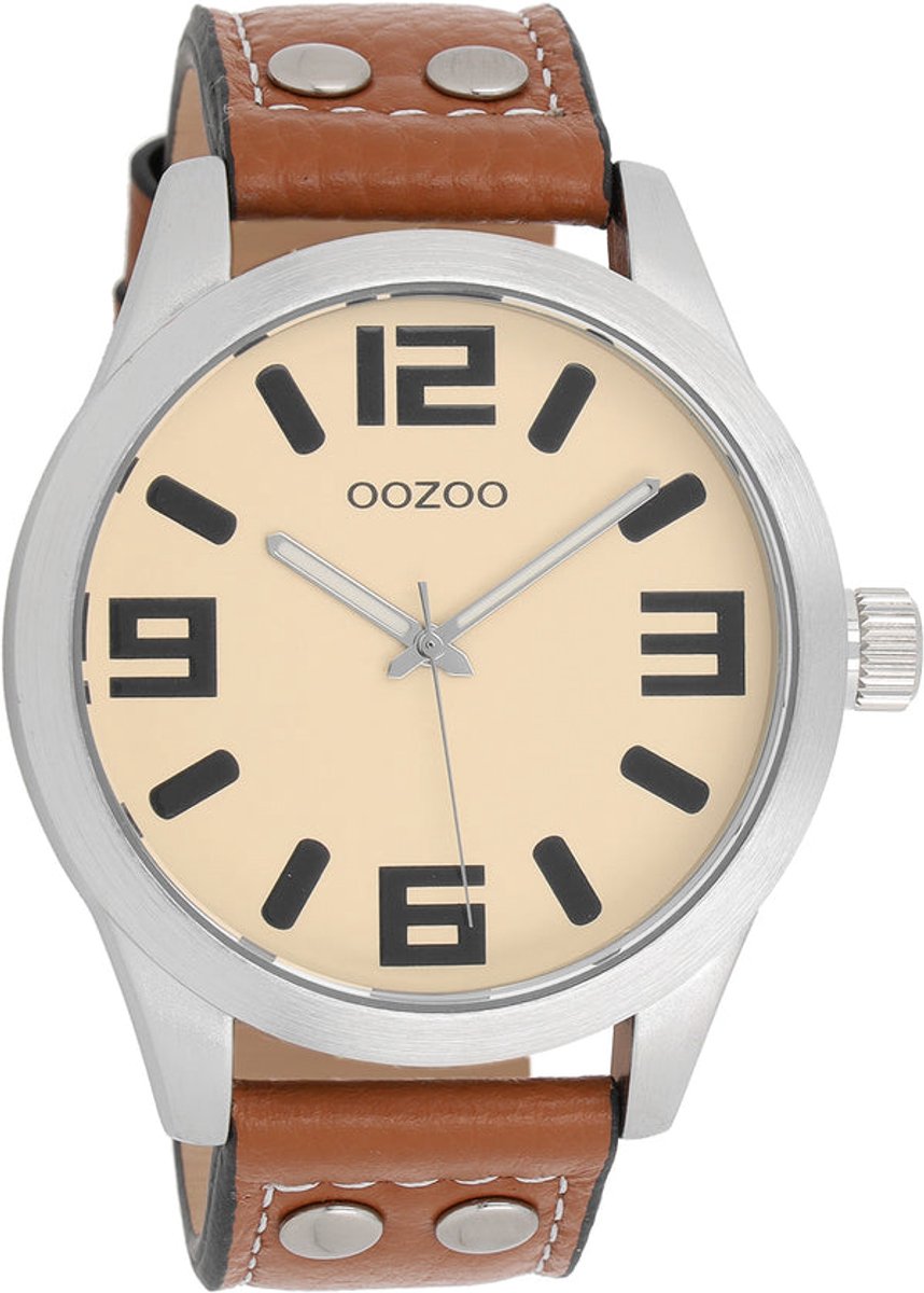 OOZOO Timepieces - Zilverkleurige horloge met bruine leren band - C1052
