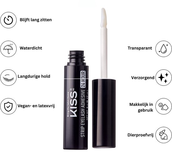 Flacon Kiss Strip Eyelash Adhesive 24 Hour met icoontjes die waterdicht, transparant en dierproefvrij aangeven.