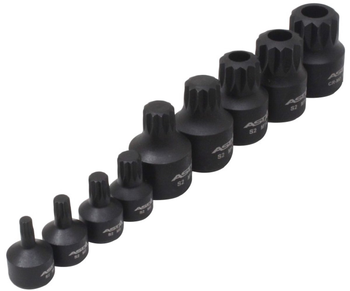 ASTA/SATRA Kracht spline doppen 10 delige set op rail - veeltanddop bitten set - 12 tand bit - asta