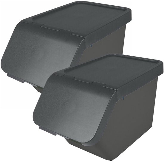 Sunware Sigma Home sorteer bak met deksel - 2x - afvalbak - antraciet - stapelbaar - 30L - 49 x 27 x 30 cm