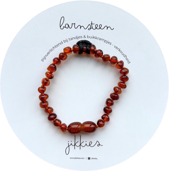 Jikkies Barnsteen Armband - Baby Armbandje - Natuurlijk Baltisch Barnsteen - Pijnstillend tegen doorkomende tandjes - Cognac - 14CM