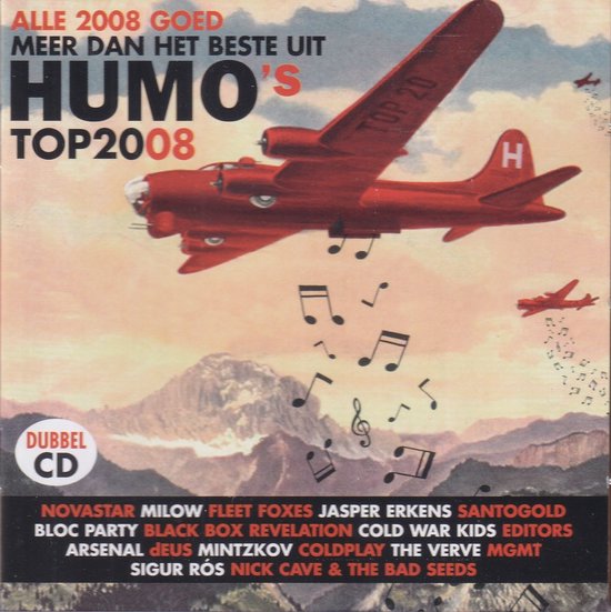 Humo's Top 2008 albumcover met rode bommenwerper en muzieknoten.
