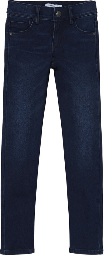 Donkerblauwe skinny jeans met zakken en riemlussen.