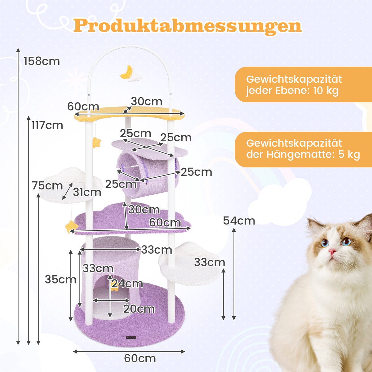 COSTWAY Krabpaal, 158 cm, kattenboom met kattenmand, tunnel, hangspeelgoed en groot maanvormig ligoppervlak, kattentoren, metalen frame, kattenmeubel, katten, kattenkrabpaal, klimboom, paars + wit – foto 4