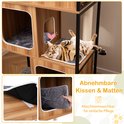 Kattenboom met afneembare en wasbare kussens en matten, met een speelse kat erop.