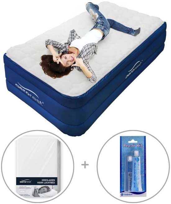AeroRest 1-persoons luchtbed | 210 x 99 x 51 cm | Afritsbaar topmatras | Inclusief bijpassend hoeslaken + reparatiekit