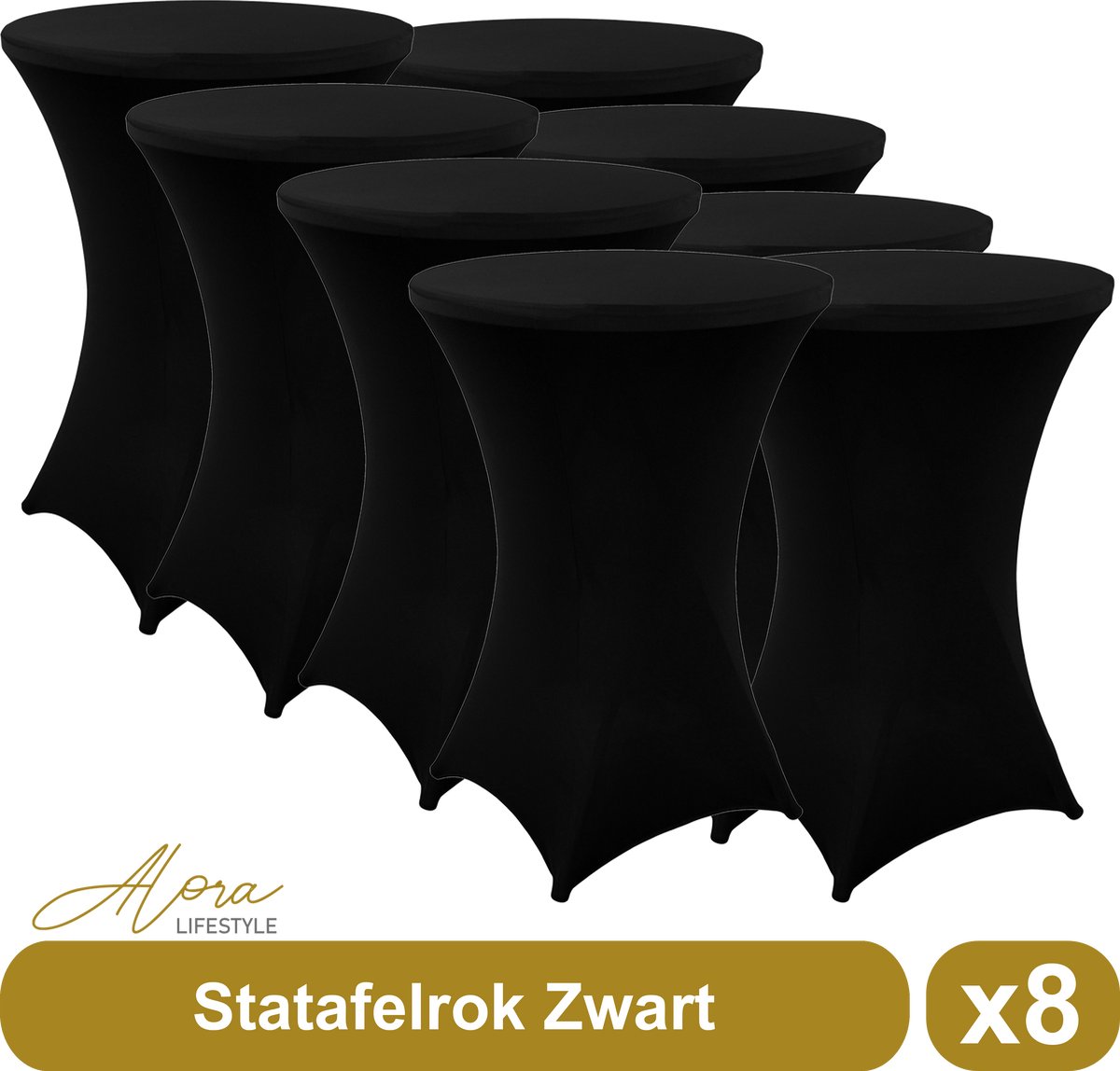 Alora Statafelrok zwart 80 cm - per 8 - partytafel - Alora tafelrok voor statafel - Statafelhoes - Bruiloft - Cocktailparty - Stretch Rok - Set van 8