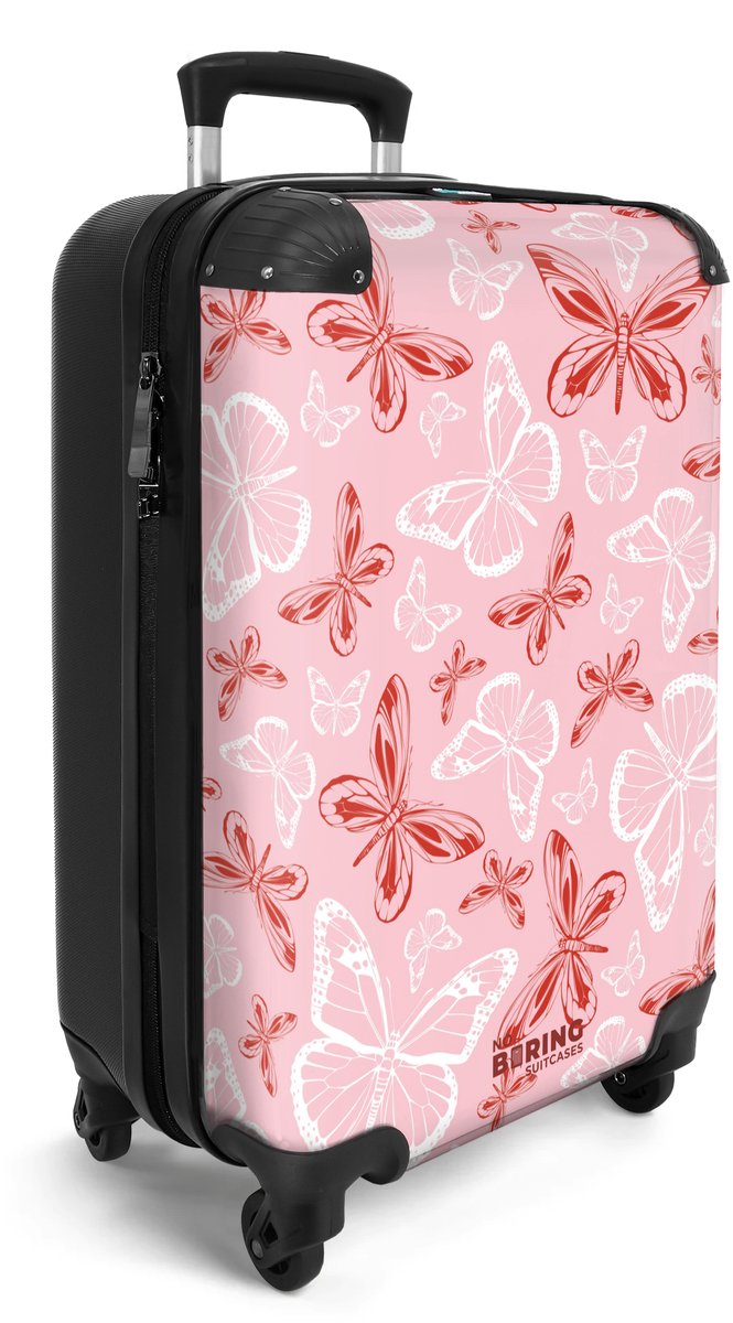 NoBoringSuitcases.com® - Handbagage koffer lichtgewicht - Reiskoffer trolley - Patroon van vlinders in rood en roze - Vakantie rolkoffer met wieltjes - Carryon suitcase - Flightcase - Cabin koffertje - Past binnen 55x40x20 en 55x35x25