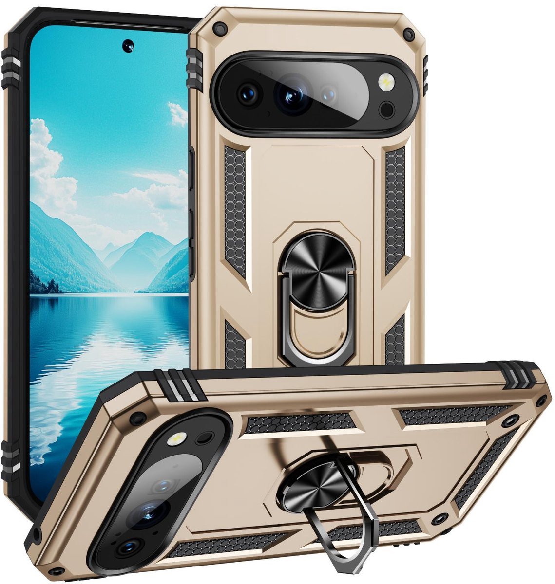 Mobigear Hoesje geschikt voor Google Pixel 10 Pro XL Telefoonhoesje Hardcase | Mobigear Armor Ring Backcover Shockproof met Ringhouder | Schokbestendig Pixel 10 Pro XL Telefoonhoesje | Anti Shock Proof - Goud