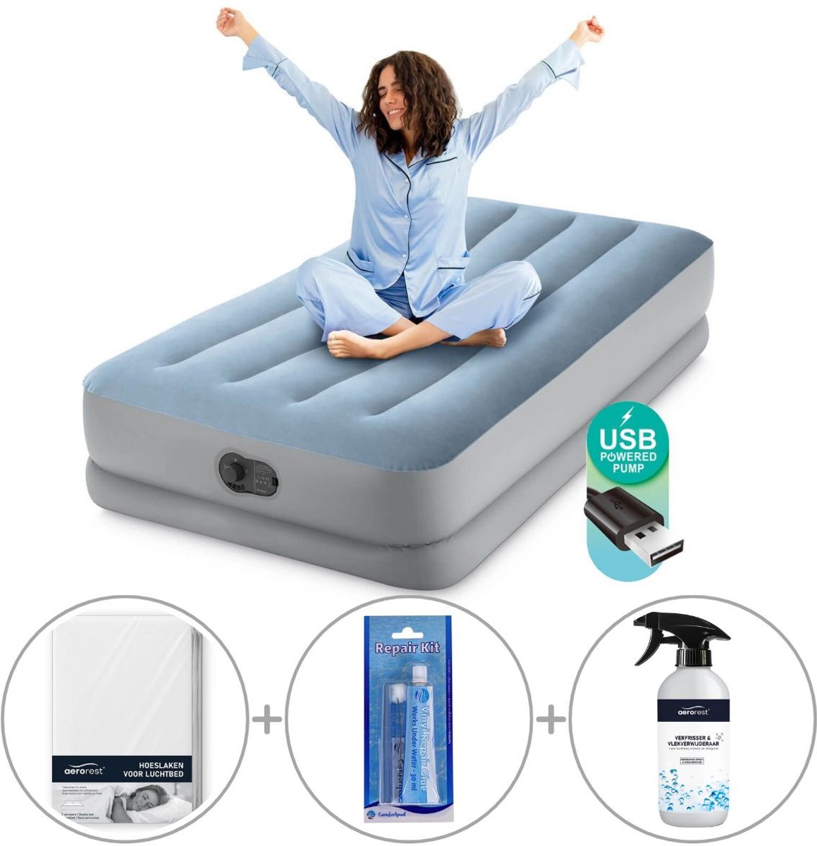 Intex Dura-Beam Comfort luchtbed | Eenpersoons | 191 x 99 x 36 cm | Inclusief bijpassend hoeslaken + reparatiekit + luchtbedverfrisser
