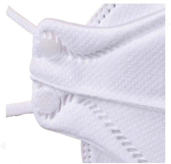 Detail van een wit FFP3-mondkapje met textuur en elastische bandjes.