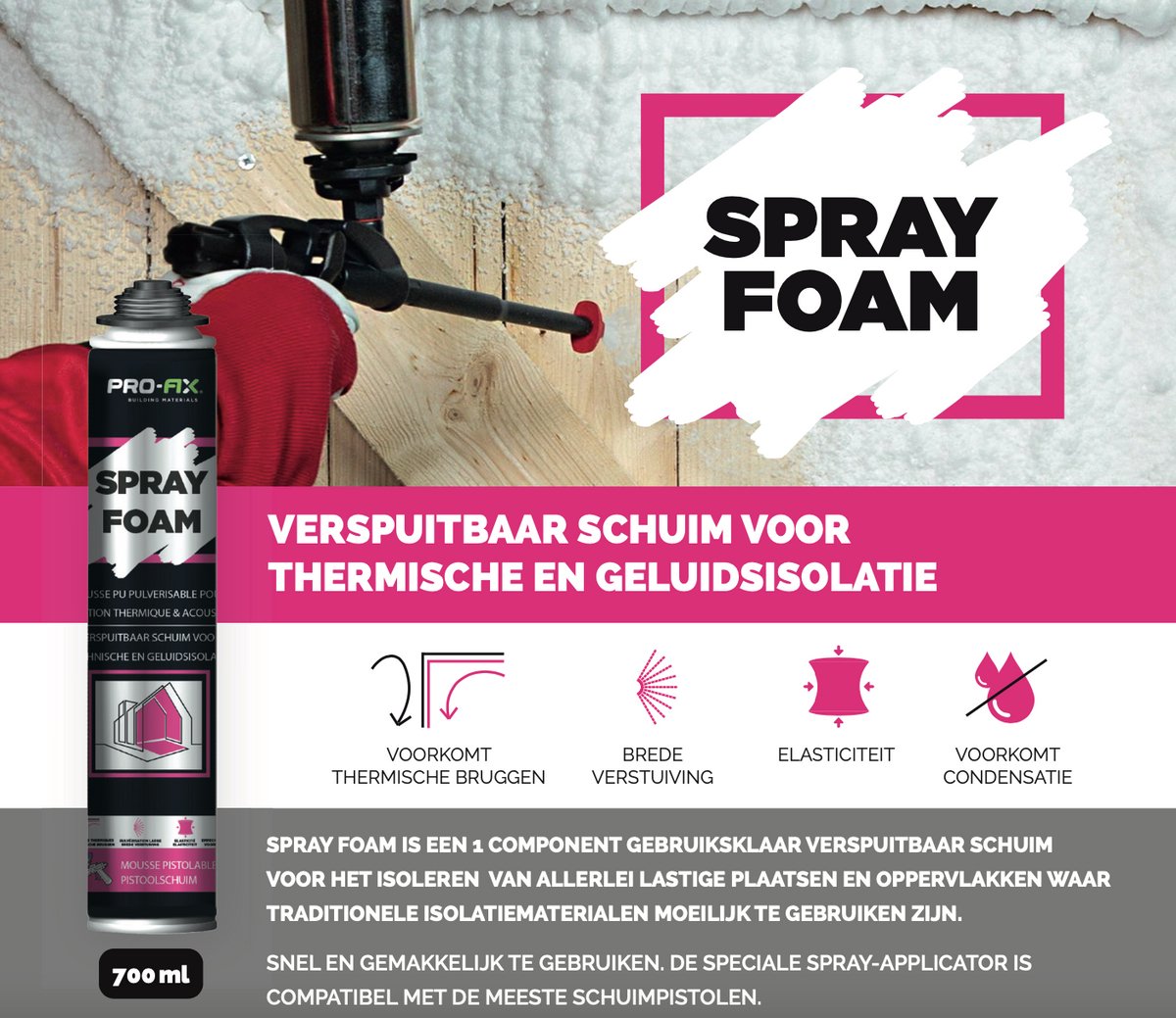 Pro-Fix Spray Foam 750ml – Isolatieschuim voor Moeilijke Plekken – Akoestisch & Thermisch – Voor Schuimpistool - Spuitisolatie - Schuimisolatie