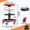 Werkplaatskruk met rode zitting, zwart frame en drie niveaus, met rode wielen. Afmetingen aangegeven in cm en inches.