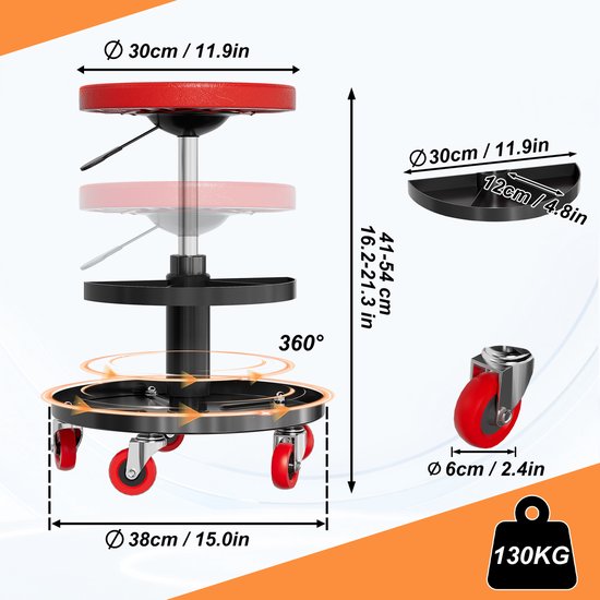 Werkplaatskruk met rode zitting, zwart frame en drie niveaus, met rode wielen. Afmetingen aangegeven in cm en inches.