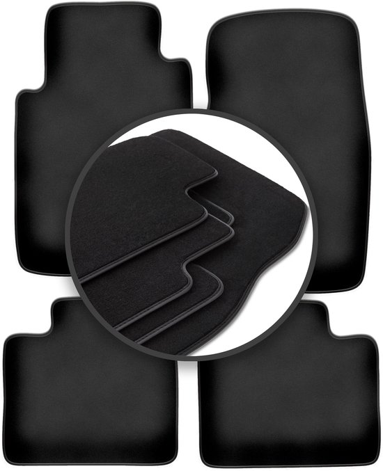 moto-MOLTICO Fußmatten Auto - Velours Autoteppiche passend für Saab 93 Cabrio (1998-2002) - 4-teiliges Set - Schwarze Automatten mit Schwarzen Ziernähten