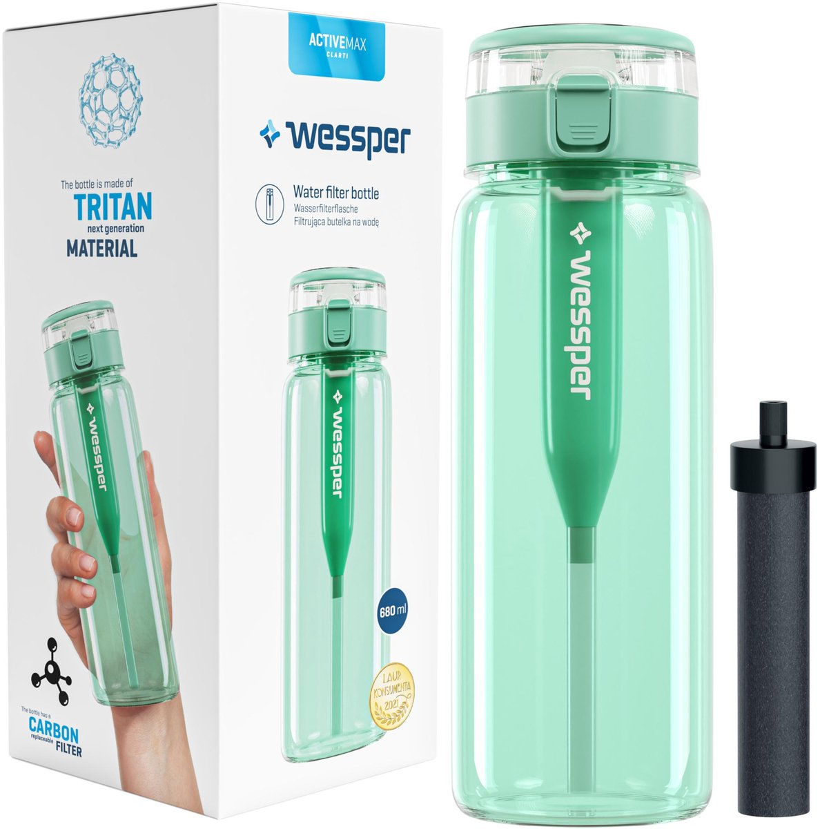 Drinkfles met actieve koolfilter BPA-vrij - waterfles voor sport, fitness, school en kinderen - 680 ml - Mint + 2 extra filters