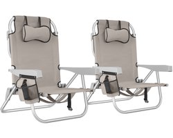 tectake® Strandstoelen Coral - Set van 2 Opvouwbare Campingstoelen met Koeltas en Opbergtas - 5-voudig Verstelbare Rugleuning met Hoofdkussen - Brede Armleuningen met Bekerhouder / Telefoonhouder - Inklapbare Kampeerstoel - Beige