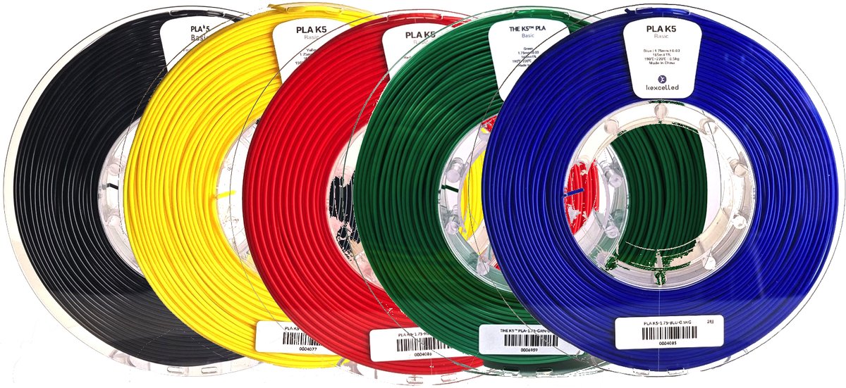 Kexcelled - PLA Combideal - 5 x 500g (2,5kg) - Zwart, Geel, Rood, Groen, Blauw - 1.75mm