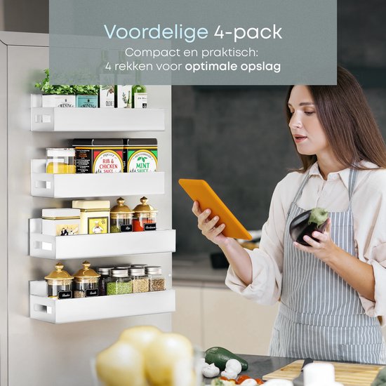 Étagère de rangement 4 pièces | Blanc | Organisateur | Plateaux | Support mural | Étagère de cuisine | Étagère à épices | Étagère à épices suspendue | Magnétique