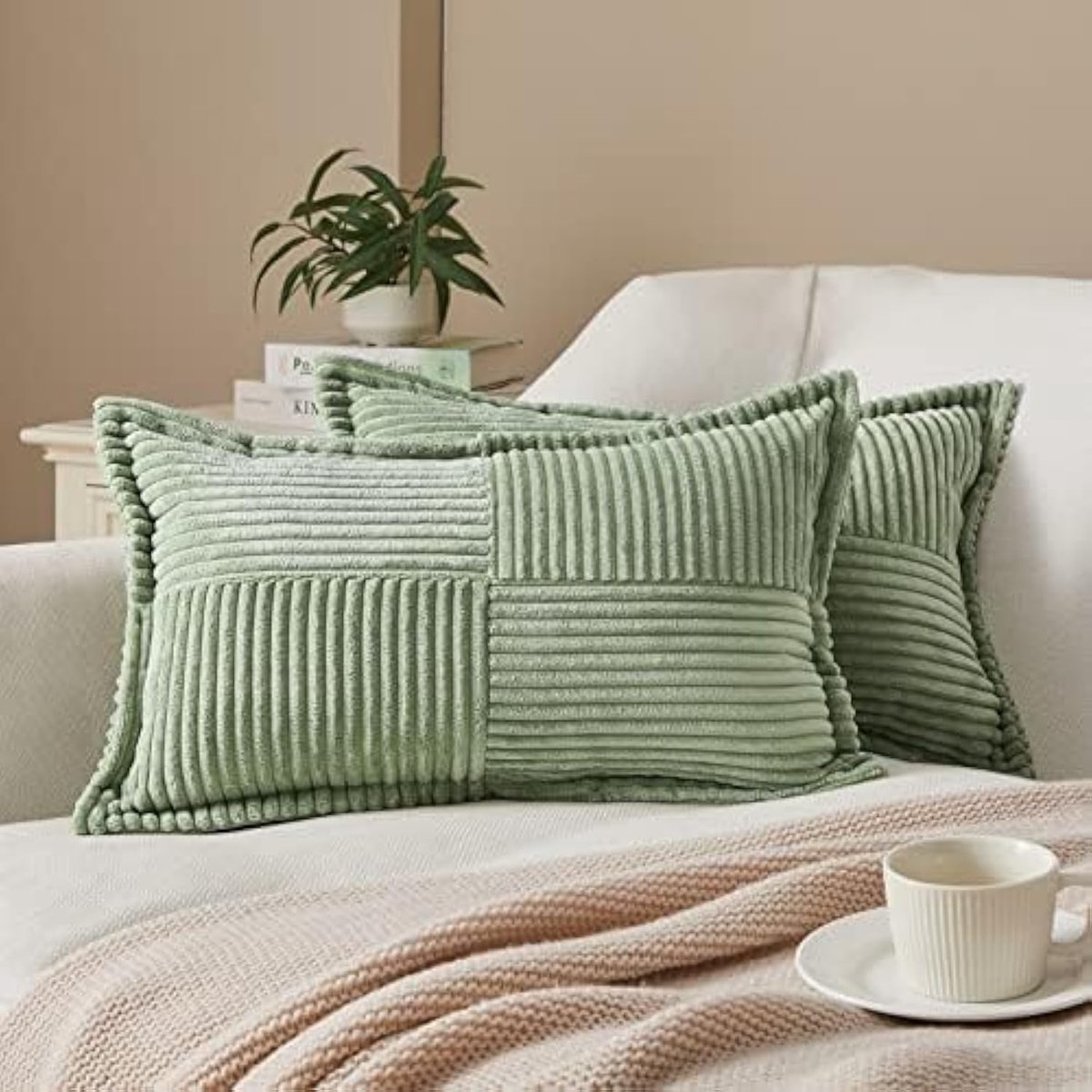 Ibenzoa Set van 2 Corduroy Kussenslopen, 30 x 50 cm, Groen, Moderne Geometrische Patronen – Perfect voor Slaapkamer en Woonkamer