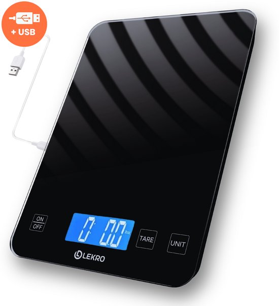 Lekro Keukenweegschaal Digitaal – Weegschaal Keuken - USB Oplaadbaar - 1gr-15kg – Tarra Functie - Zwart