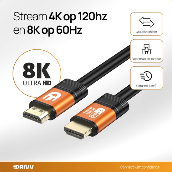 Drivv. Câble HDMI 2.1 Premium - Ultra HD - 8K 60 Hz - 4K 120 Hz - Compatible Xbox Series X et PS5 - 7,5 mètres - Oranje