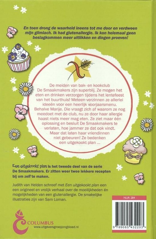 Boekrug met tekst en illustraties van bloemen, cupcakes en sterren.