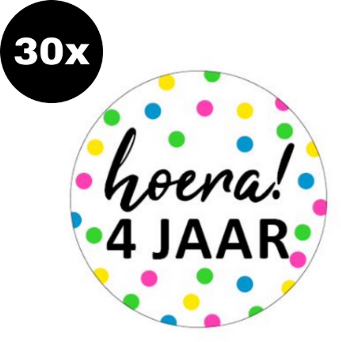 30x ZOETTT Sluitsticker Hoera 4 jaar! | NEON | 40 mm | Traktatiesticker Hoera | Cadeausticker | Sluitzegel | Sluitsticker | Traktatie - Verjaardag - Feest | Kinder traktatie