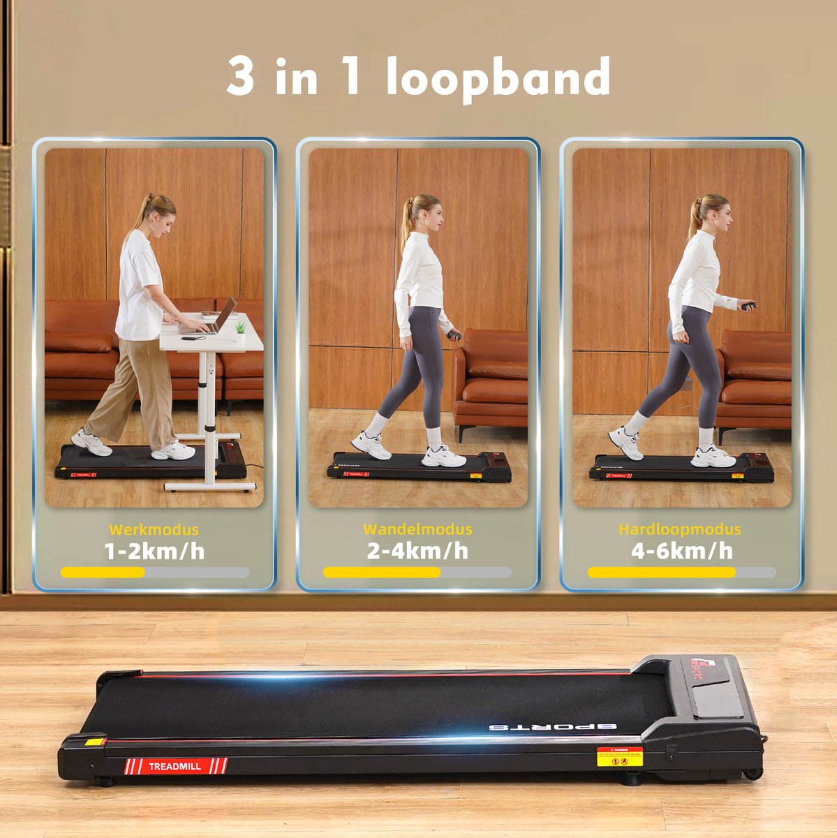 Afbeelding 3 van Y-RAIN Loopband, Walking Pad, 3 in 1, 440 W motor, 1-6km/u snelheidsbereik, afstandsbediening, LED display, geschikt voor thuisgebruik.