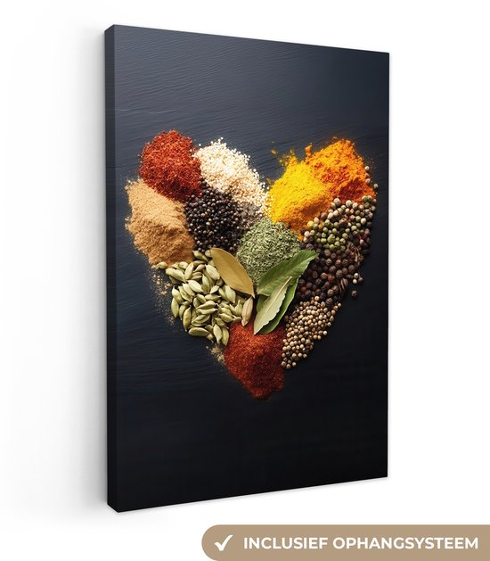 Canvas schilderij 20x30 cm - Exclusieve wanddecoratie Specerijen - Mix - Hartvorm - Zwart - Muurdecoratie woonkamer - Slaapkamer decoratie - Kamer accessoires - Schilderijen op canvas