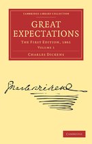 Boekomslag van 'Great Expectations', editie 1861, Volume 1 door Charles Dickens, met een geel en rood design.