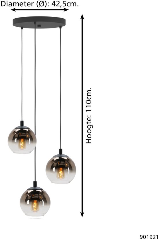 Suspension avec trois sphères rondes en verre coloré sur des cordons noirs, fixées à une plaque de plafond ronde noire. Hauteur 110 cm.