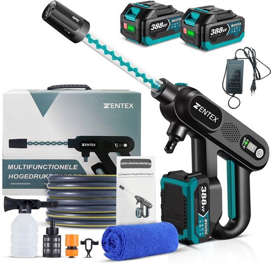 Zentex Hogedrukreiniger – Draadloos – Incl. Accu & Lader – 5-in-1 Sproeikop – Voor Auto, Tuin, Terras en Meer