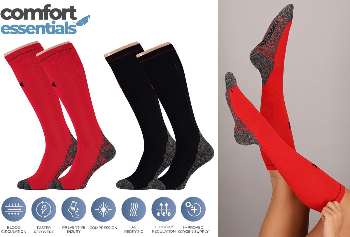 Comfort Essentials - Compressiekousen - Compressie Sokken - 2 Pack - Rood/Zwart - Maat 43-45 - Hardloopsokken - Steunkousen - Sportsokken - Skisokken