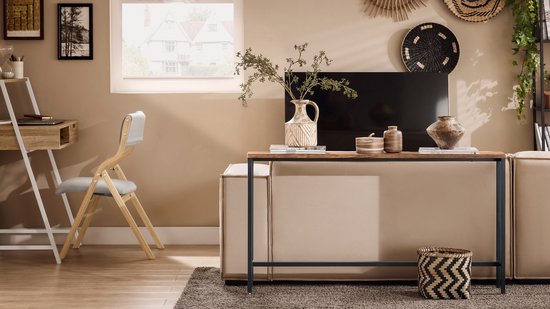 SoBuy Consoletafel Bijzettafel Haltafel – Natuur/Zwart 120x20x80cm, FSB19-XL-N – Smal Design, Ruimtebesparend, Hout/Metaal