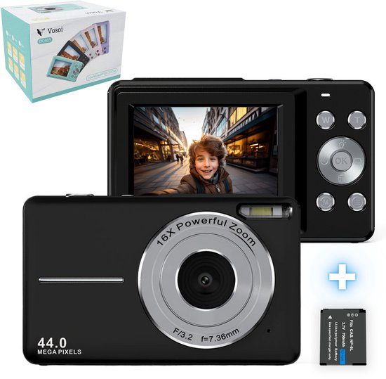 Vosoi Digitale Camera - Fotocamera - Fototoestel - Vlog Camera - Compact Camera - 44MP & 1080HP - Voor Kinderen - 2,4 inch LCD Scherm - Inc. 32GB