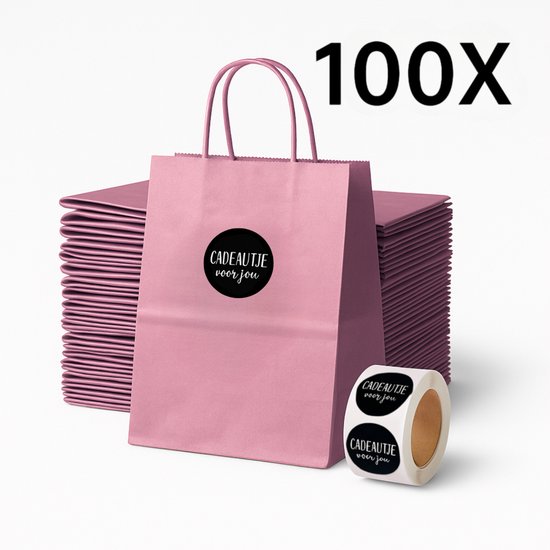 Papieren Draagtas (S) - Oud Roze - (Inclusief Zwarte Stickers “Cadeautje voor jou”) - 100 Stuks - 18x8x22 cm - Papieren Tasjes - Kraft Tas - Tassen - Cadeau Tas - Hoogwaardig Natron Kraft Papier - Eco-vriendelijk